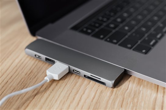 Lenovo Yoga USB-C multiport hub connected to laptop